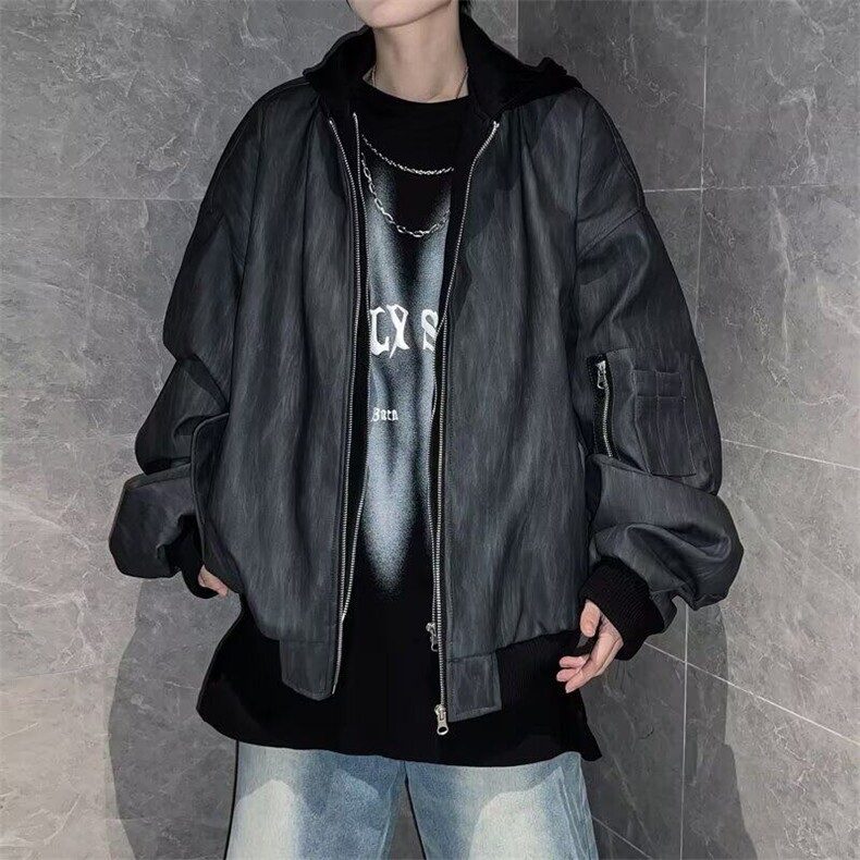 高级纹理连帽假两件皮夹克男街头宽松飞行员外套pu皮衣W6184-P85,男装皮衣,星座412-3