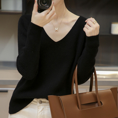 2025年秋季新款抽条双V领针织羊毛上衣时尚休闲通勤百搭，女装羊毛衫，洁纯羊绒