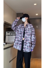 现货早秋高街做旧紫格子长袖衬衫女扎染衬衣外套男C18-P50-控78，男装衬衫，星座205-5