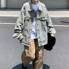 复古毛边做洞牛仔外套男春秋宽松休闲ins工装夹克上衣潮W5629-P57，男装夹克，星座412-3