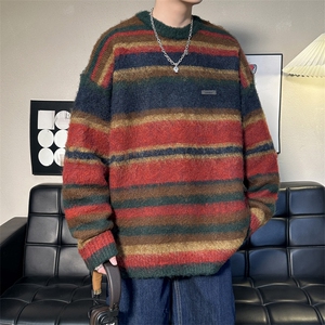 秋冬慵懒风宽松针织衫2024新款美式复古撞色条纹毛衣男 M1690-P53图片