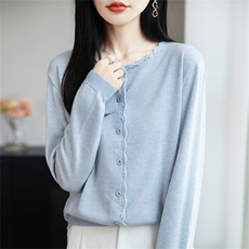 法式温柔风花边设计针织开衫女外套2025新款精纺毛薄款外搭毛衣衫，女装针织衫/毛衣，菲奥羊绒