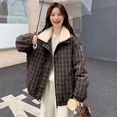 复古格子羊羔毛翻领羽绒服女2025冬季短款加厚面包服宽松保暖外套，女装羽绒服，艾米莉亚