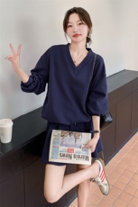 韩版休闲减龄v领卫衣套装女2025春秋新款显瘦高腰百褶短裙两件套，女装套装/套裙，韩蜜菓