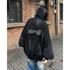 美式复古泥染做旧连帽卫衣贴布开衫拉链oversize情侣帽衫秋冬W282，男装卫衣，星座601-2
