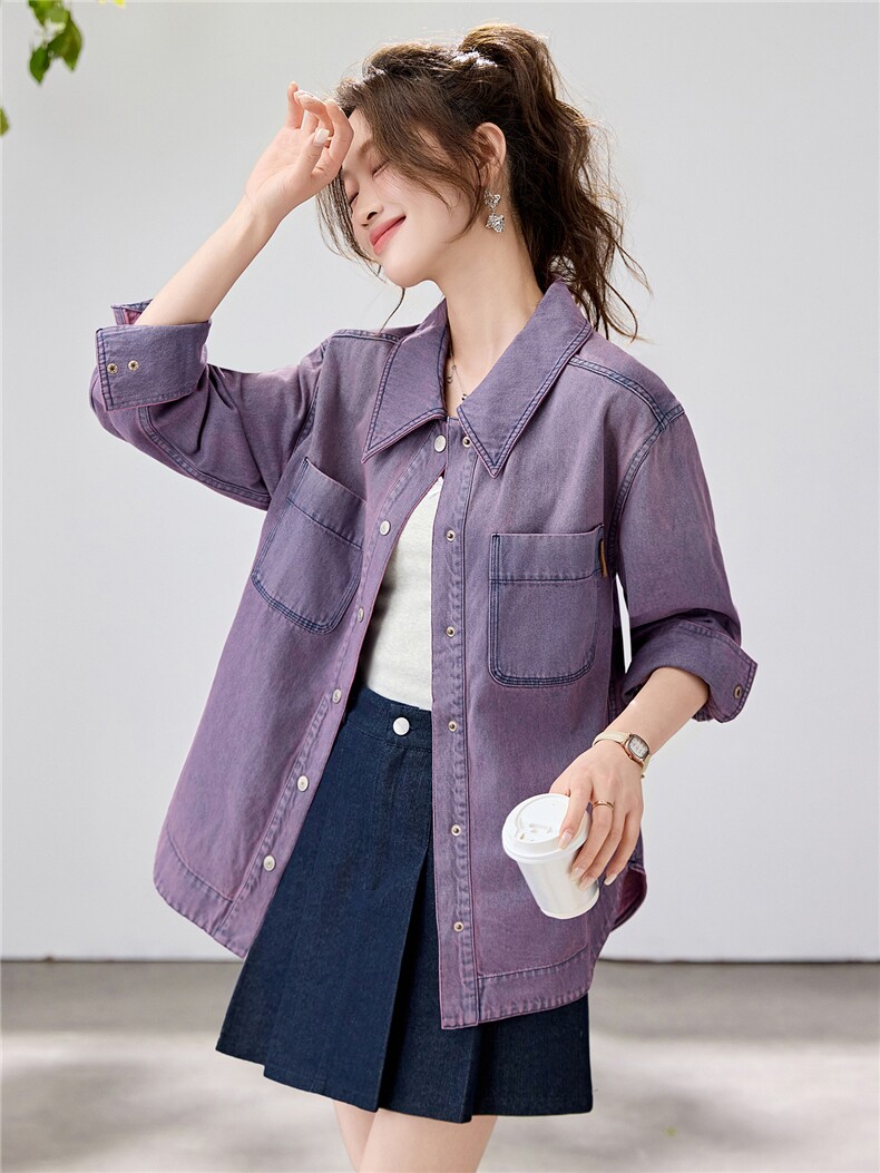 2026春季新款紫色渐变牛仔衬衫女设计感小众纯棉上衣休闲宽松外套,女装衬衫,艾米