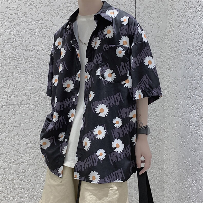 夏季潮牌雏菊短袖衬衫男慵懒痞帅韩版宽松半袖衬衣513-3-C618-P45,男装衬衫,星座512-1（原513-3）