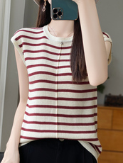 细腻质感条纹针织衫背心T恤女修身精纺拼色圆领包肩袖打底衫内搭，女装背心吊带，源达羊绒
