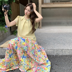 甜美减龄短袖上衣套装女2025夏季新款高腰显瘦碎花半身裙两件套，女装套装/套裙，2C158