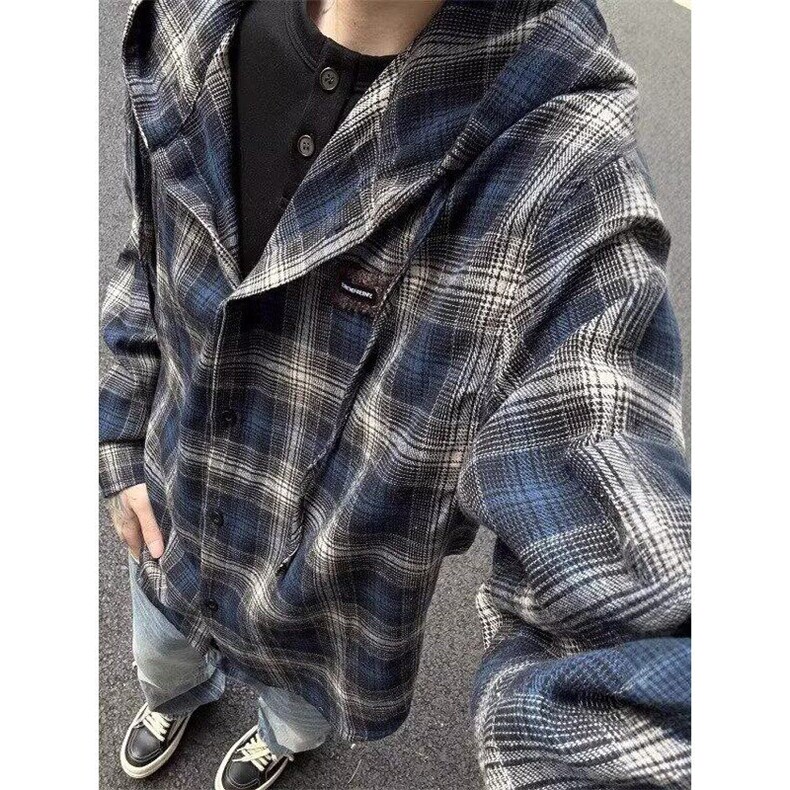 美式复古连帽衬衫男女春款街头宽松休闲百搭撞色格纹衬衣CT20,男装衬衫,星座1116A（原606A-3）
