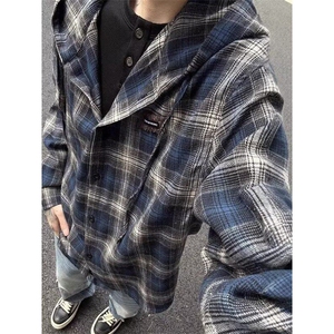美式复古连帽衬衫男女春款街头宽松休闲百搭撞色格纹衬衣CT20