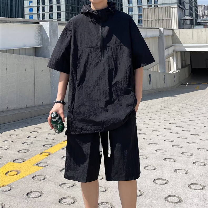 夏季两件套装冰丝速干半拉链短袖连帽衬衣男休闲宽松薄款工装短裤,男装牛仔裤,星座410-7