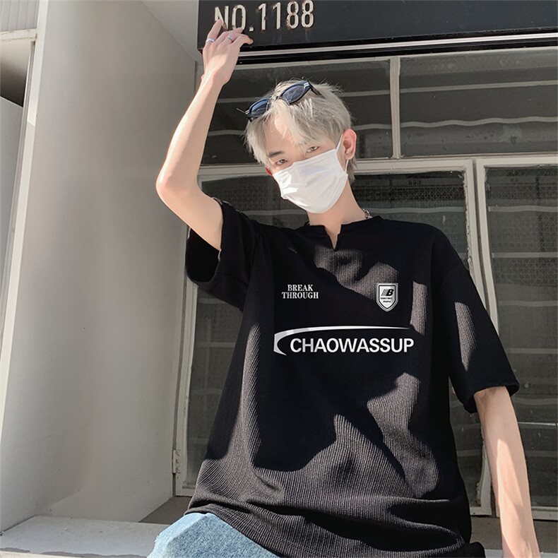新款美式抖音直播得物痞帅肌理感V领短袖T7506P25控39,男装T恤,电商C408-1(原B339-1)