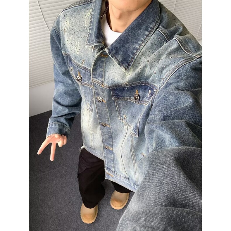 牛仔外套男潮牌高端秋季款修身帅气印花黑色男士夹克上衣 J1070图片