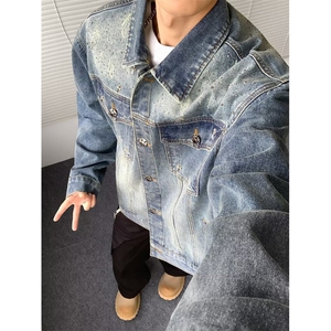 牛仔外套男潮牌高端秋季款修身帅气印花黑色男士夹克上衣 J1070图片