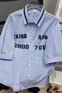 1中性竖条纹大码M-5XL日系港风情侣七分袖衬衫男QCS7018P45控68图片