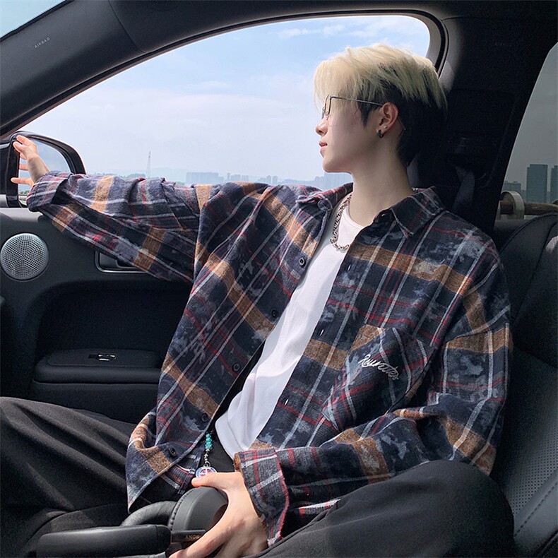 衬衫男秋季新款港风宽松大码格子扎染刺绣长袖衬衣CS3016-P38，男装衬衫，星座214-3