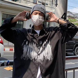 春夏潮牌港风复古印花长袖衬衫男痞帅高级感衬衣外套图片