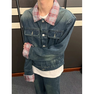 【有货】DT7010-P118美式潮牌格纹拼接男春秋夹克牛仔裤两件套装图片