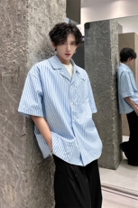 春夏英伦学院风青春男大竖条纹短袖衬衫翻领外套口袋设计短袖P40，男装衬衫，电商B319