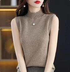 2025简约百搭时尚无袖半高针织衫，女装针织衫/毛衣，北娇羊绒