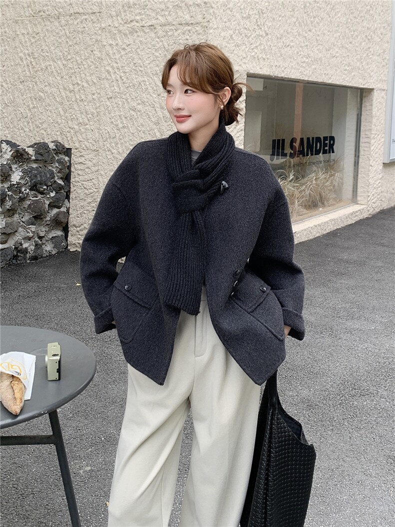 深灰色牛角扣双面羊绒大衣女2025秋冬新款高级感气质显瘦毛呢外套,女装毛呢外套,慧尚依恋