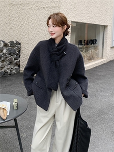 深灰色牛角扣双面羊绒大衣女2025秋冬新款高级感气质显瘦毛呢外套图片