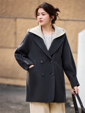 2025年冬季中长款羊毛呢子大衣拼色可脱卸连帽双面羊绒毛呢外套，女装双面呢大衣，简韵佳