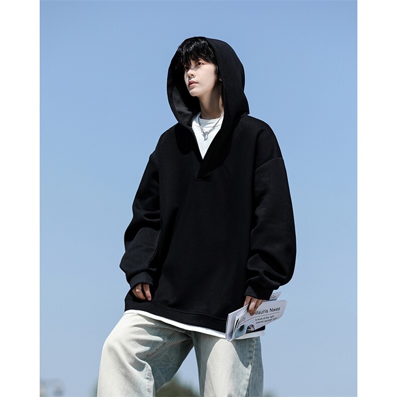 8XL-M叠穿假两件卫衣重磅连帽V领拼接套头衫宽松大码外套WY006P65,男装卫衣,电商B312