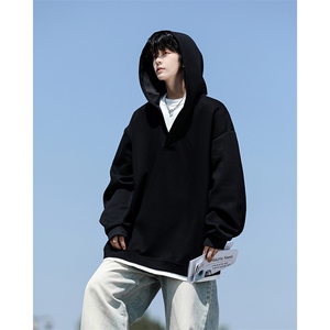 8XL-M叠穿假两件卫衣重磅连帽V领拼接套头衫宽松大码外套WY006P65图片