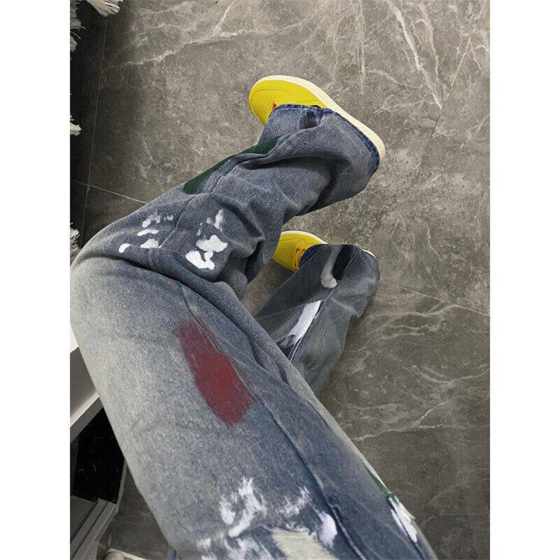 设计感炸街破洞阔腿宽松直筒牛仔裤男女老爹长裤泼墨L80455-P45,男装牛仔裤,星座1008