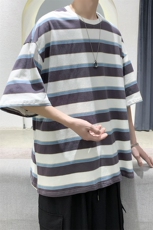 2025夏装港风条纹宽松大码休闲男T恤衫圆领打底上衣D201-DM51-P38，男装T恤，电商D321-1