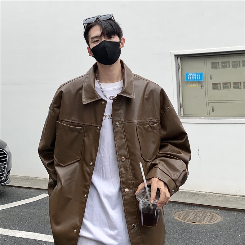 港风翻领pu皮面料皮衣男潮流休闲宽松皮衣外套男77107P78控108,男装皮衣,星座227-7