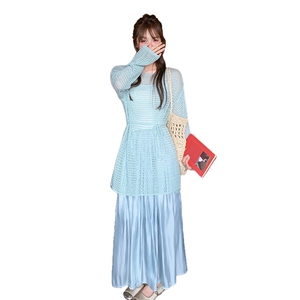 蓝色超好看绝美镂空罩衫套装裙女2025夏季新款温柔风半身裙两件套图片