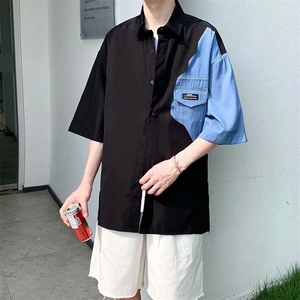 2021男短袖衬衫宽松牛仔拼接口袋装饰日系学生个性衬衣 W857-P32图片