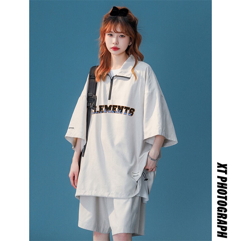 中性夏季潮牌半拉链字母运动休闲宽松情侣套装TZ754-P75控98，女装运动套装，A247A