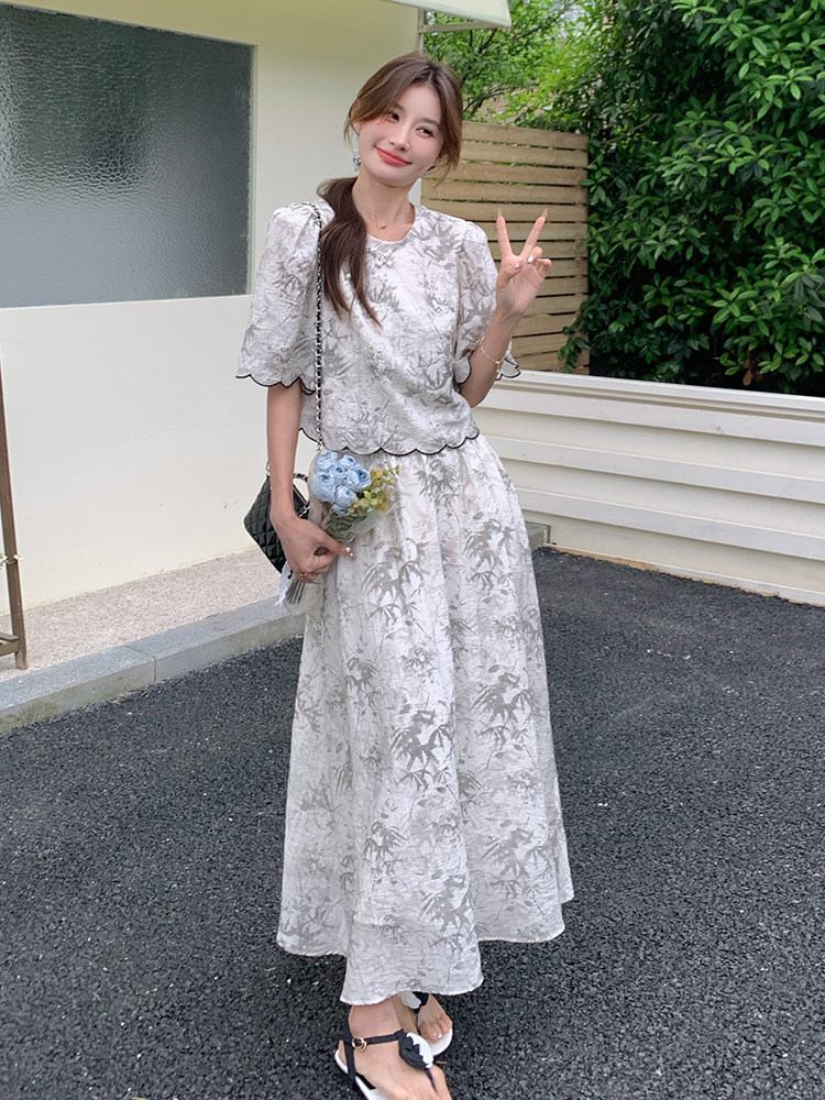 新中式禅意女2025夏季搭配一整套国风水墨画上衣半身裙,女装连衣裙,诺蝶