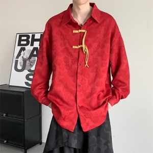 春秋新中式男装唐装风红色花长袖衬衫结婚登记汉服衬衣胖子图片
