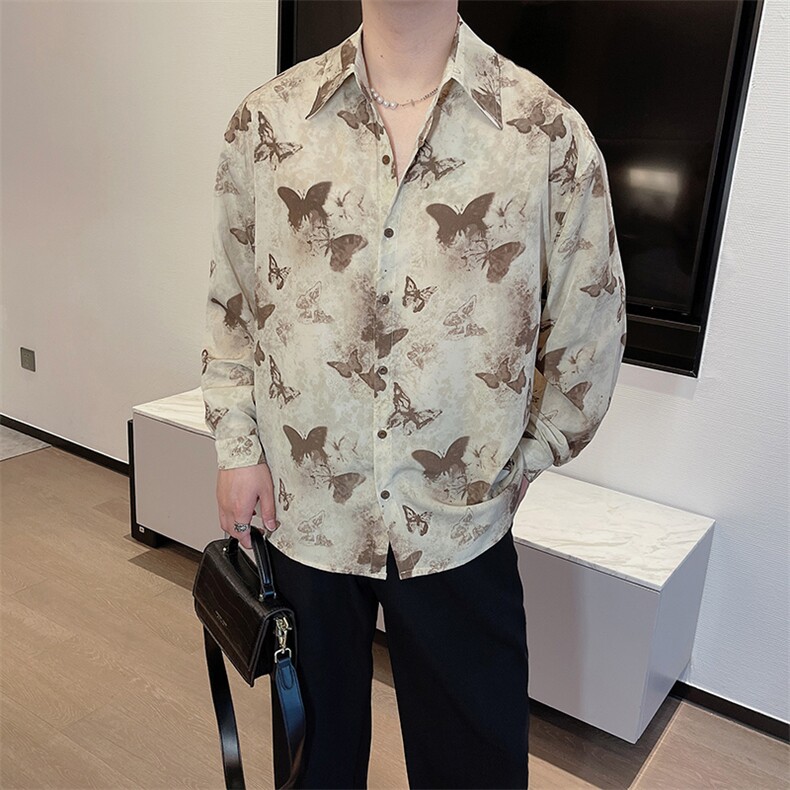 春夏时尚古风蝴蝶满印复古长袖衬衫男宽松高级网红衬衣CS856-P58,男装衬衫,电商B267