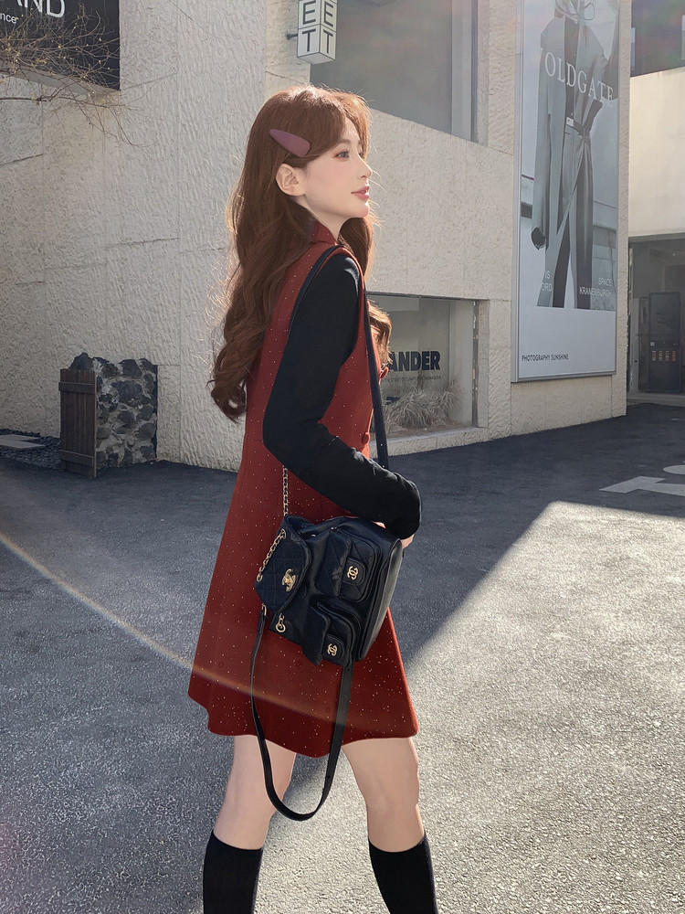 现货韩系高级感红呢料马甲+针织打底套装女2026春装新款两件套裙,女装套装/套裙,魅影