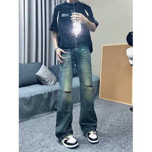 DA190-P48破洞牛仔裤男潮宽松直筒割破乞丐水洗做旧微喇叭裤子图片