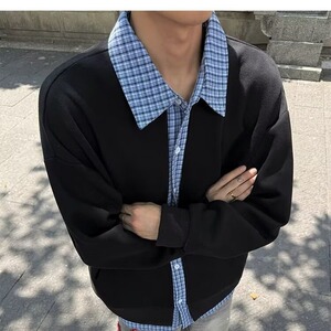 假两件格子拼接外套男2026新款春秋季美式重磅卫衣cleanf开衫夹克图片