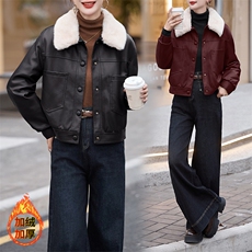 现货海宁f仿真皮皮衣女加绒加厚短款2024冬季新款女士宽松皮外套，女装皮衣，潮流依族