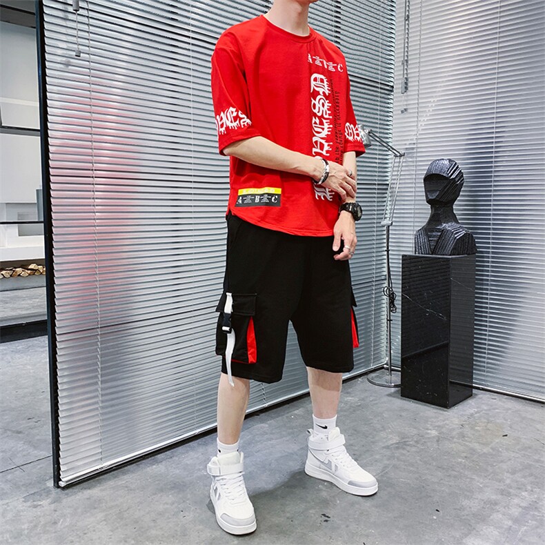新款夏季潮流时尚T恤男装青少年宽松ins休闲圆领套装F178P70,男装休闲套装,电商A086