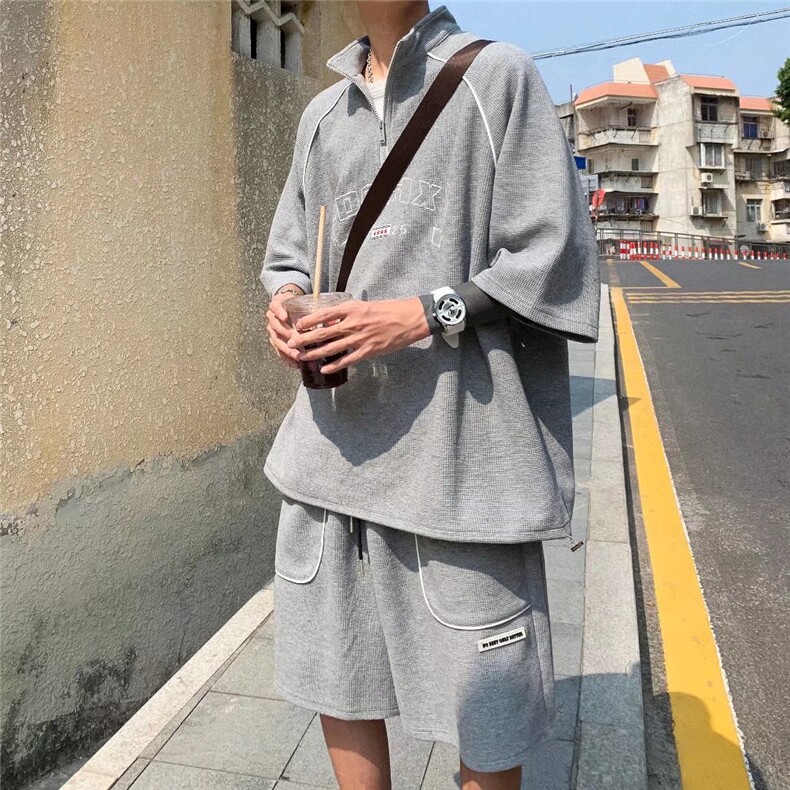 ins潮运动套装华夫格懒风小众宽松短袖T恤短裤两件套TG42P45，男装休闲套装，星座1116-2