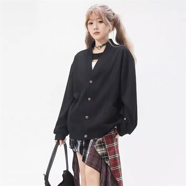 抖音得物高品质 秋冬美式高街重磅单排扣结构卫衣V领开衫外套W110图片