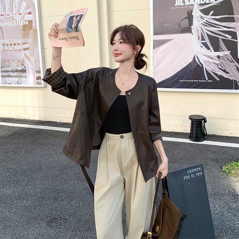 咖色复古简约PU皮衣外套女2025春秋季新款韩版显瘦小个子夹克上衣图片