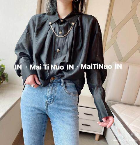 2021春装韩洋气金属扣下摆不规则衬衣女宽松打底，女装，麦缇诺