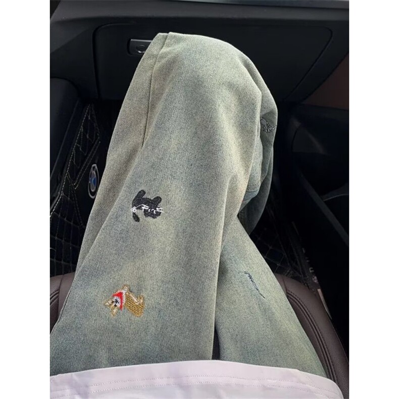 黑色趣味小狗刺绣牛仔裤女新款宽松显瘦拖地阔腿裤子N09,男装牛仔裤,星座1116A（原606A-3）