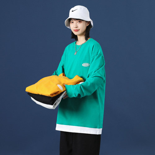 21秋季款中性假两件长袖T恤女宽松落肩袖衬衫DS-A160-1-T104-P35图片